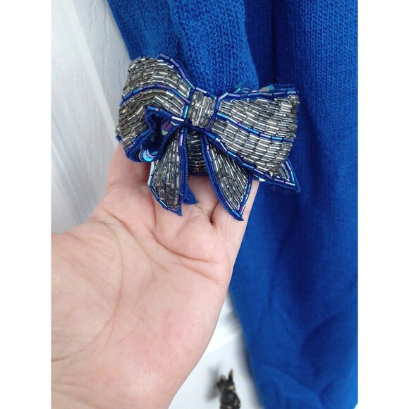 VINTAGE DON SAYERS For WELLMORE Blue Beaded 3D Bows On Sleeves SWEATER DRESS 12 - Picture 4 of 13